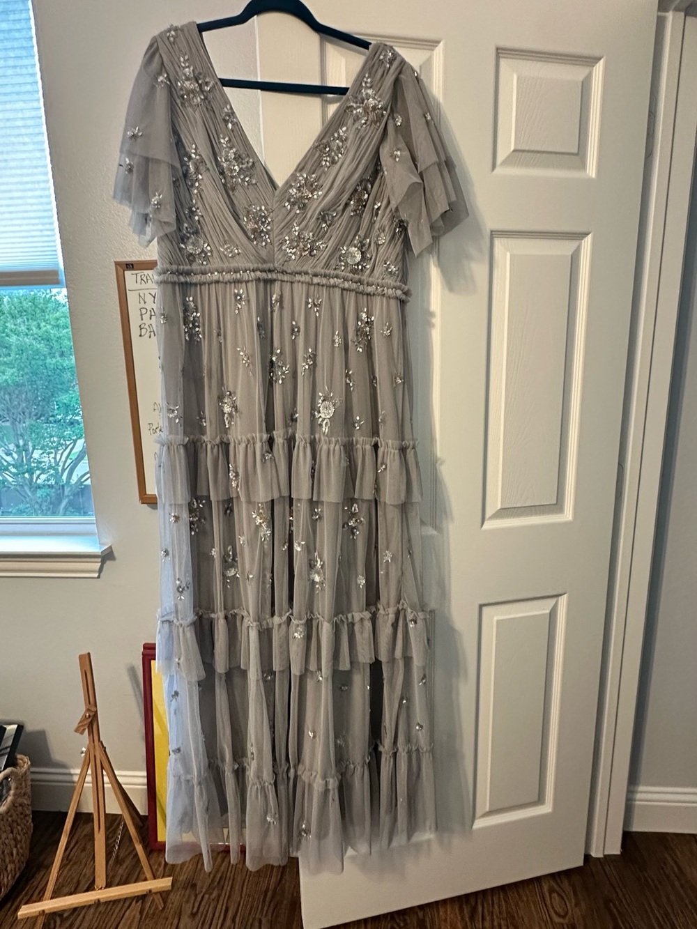 MAC DUGGAL Dress Gown Size 14 Sequin Gray Ruffle Tier Flutter Sleeve